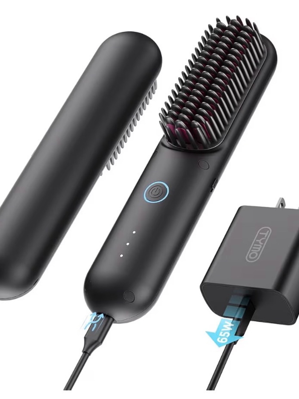TYMO- Black Electric Hair Straightening Brush with Travel Adapter NEW